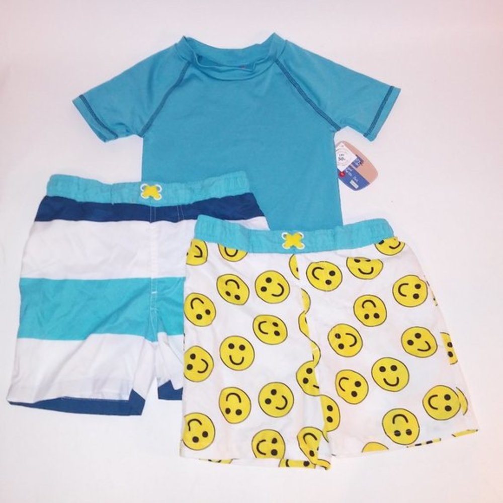 Lily & Dan Boys 3 Piece Swim Set XS Blue Yellow White Stripe Smiley Faces Rash G